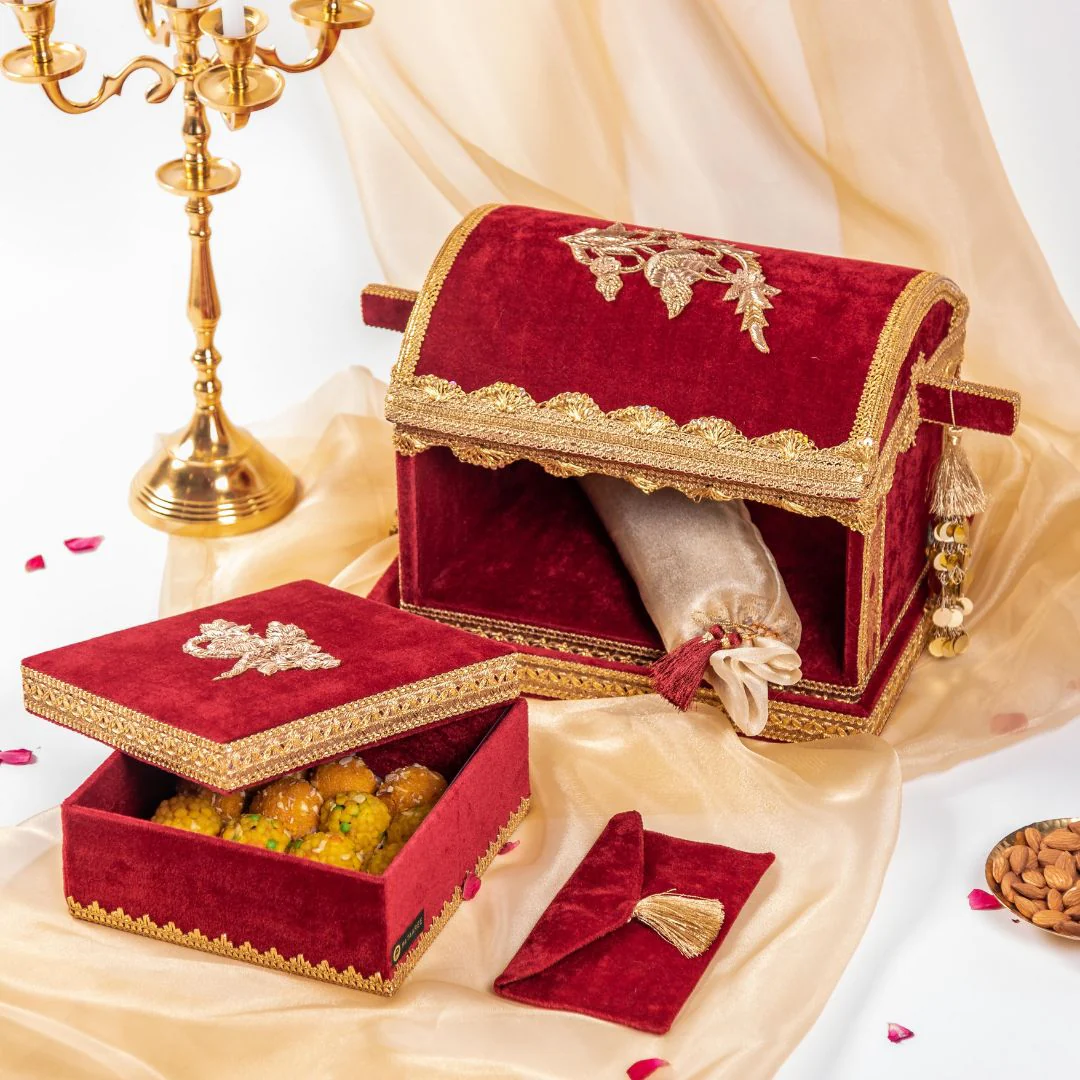 Timeless Maroon Velvet Palki Sahe Chithi Set with Screen Printed Fabric Scroll view 1